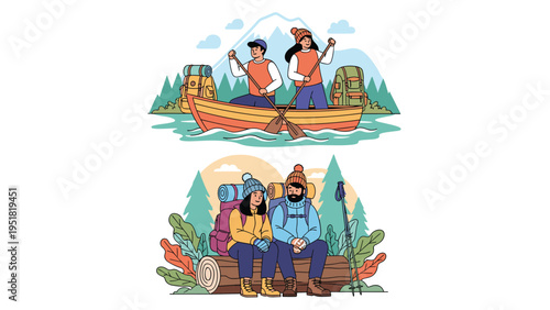 Two outdoor activity scenes featuring a couple rowing a canoe on a lake and resting together while hiking in a pine forest.