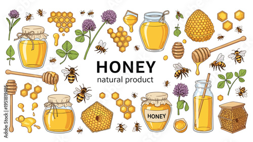 Detailed collection of honey production icons including jars of golden liquid, buzzing honeybees, floral clover, and geometric combs.