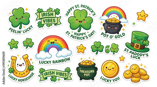 Playful Saint Patrick's Day Stickers Featuring Shamrocks, Rainbows, and Pots of Gold