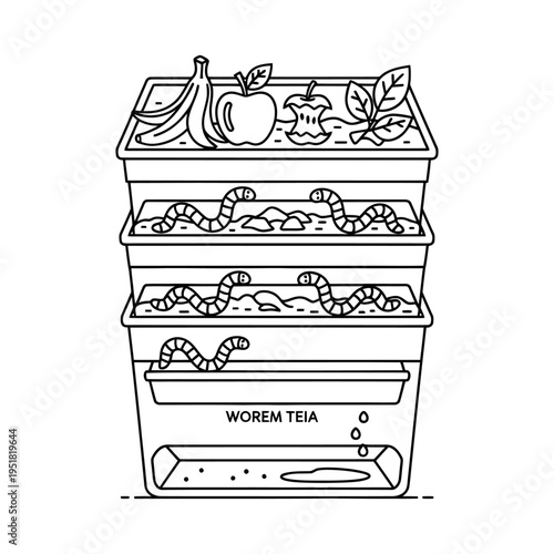 Vermicomposting worm farm with fresh fruit and worms in stackable trays for sustainable recycling