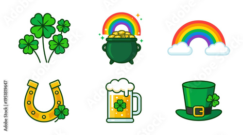 Lucky Saint Patrick's Day icons featuring shamrocks, a pot of gold, horseshoe, beer, and a leprechaun hat