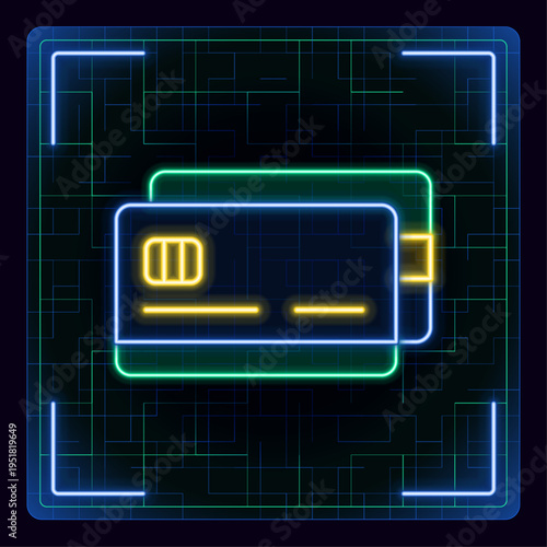 Credit debit card vector illustration, editable file. Neon strokes, tech cyber concept, glowing energy futuristic visuals.