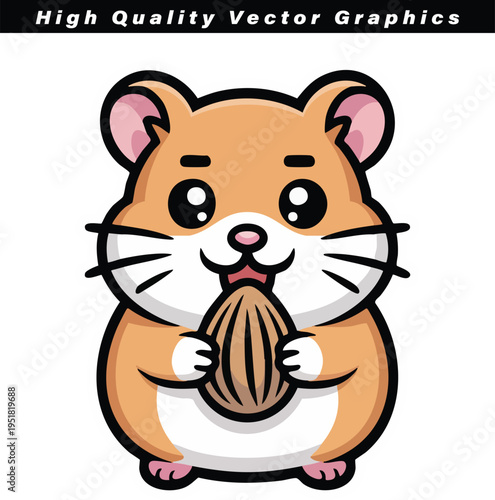 Chubby cartoon hamster with wide eyes happily clutching a sizable almond or peanut, perfect for concepts involving small pets or healthy eating.