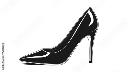 Black high heeled stiletto shoe with a glossy finish is presented in a detailed line drawing on a clean white space for fashion design.