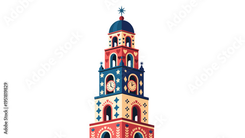 Intricately patterned clock tower stands against a white background featuring colorful shapes and symbols in a whimsical folk art style.