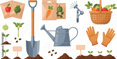 Vegetable Gardening Tools and Harvest Set with Shovel, Watering Can, Seed Packets, Gloves, Plant Markers, and Harvest Basket Illustrations
