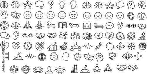 Collection of abstract psychology symbols including brain, emotions, and meditation icons