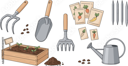 Vegetable Gardening Tools and Seed Planting Set with Trowel, Rake, Watering Can, Plant Markers, Seed Packets, and Wooden Box Illustrations