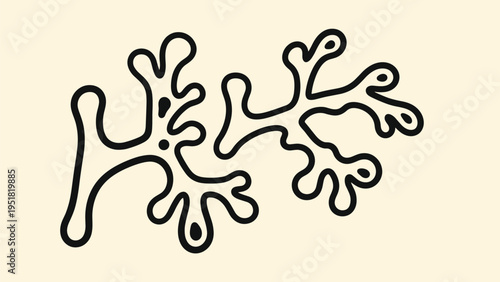 Abstract branching shapes resembling coral or microscopic structures are drawn in thick black lines against a soft cream background.