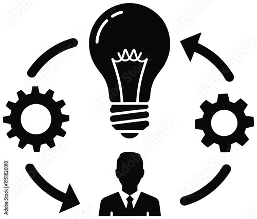 Brainstorming process with human mind light bulb and gears