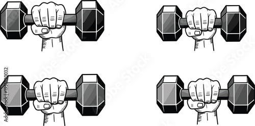 Dumbbell in hand vector set, hand drawn sketch of weight lifting for gym fitness, workout