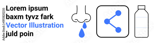 Common cold, health awareness, hydration, medical care, sharing information, digital connection. A nose with droplets, a sharing icon and a bottle. Health awareness and hydration highlighted