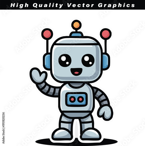 Small friendly robot character with bright eyes and twin red antennae waves its hand in a welcoming gesture, isolated on a transparent background suitable for app design.