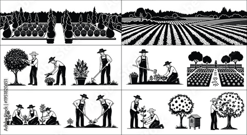 Farmers working in agricultural fields set, farming activities collection, planting harvesting gardening scenes, rural landscape, orchard care, black and white vector illustration