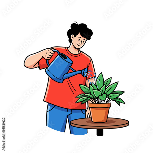 Person watering houseplant with nurturing mood