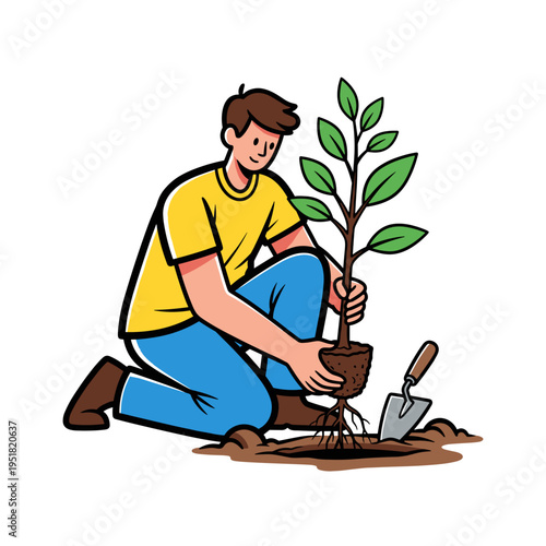 Person planting young tree sapling with growth mood illustrated as bold graphic vector