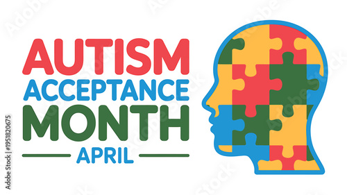 Autism acceptance month April awareness colorful puzzle piece head logo
