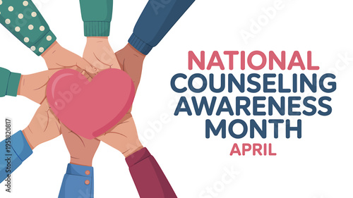 Diverse hands holding pink heart for National Counseling Awareness Month in April
