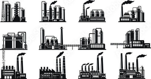Industrial factory and refinery silhouettes vector illustration set, heavy industry plants with chimneys, manufacturing infrastructure, urban production facilities icons collection