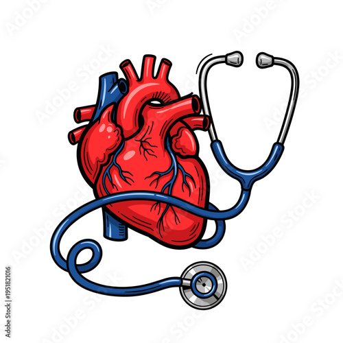 Medical heart with stethoscope with caring mood illustrated as bold graphic vector
