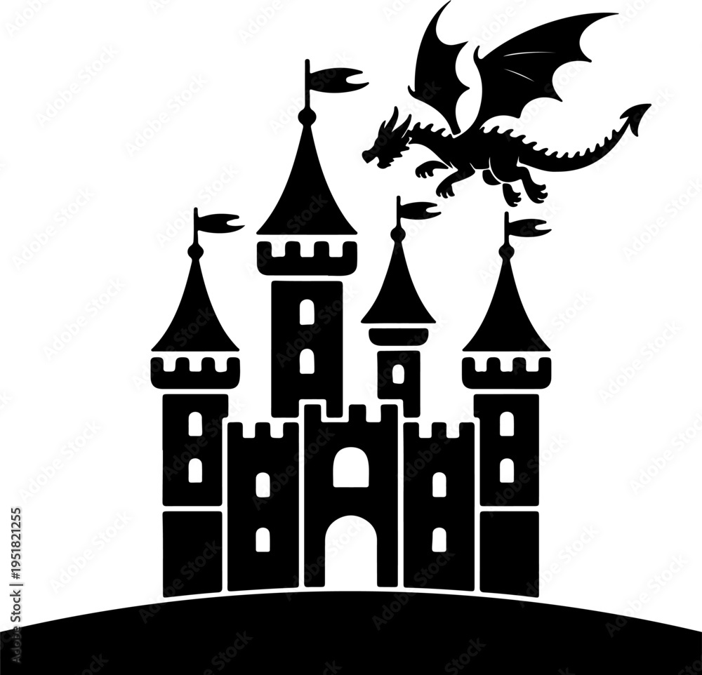 Obraz premium Fantasy Castle Silhouette with Flying Dragon for Mythical Branding