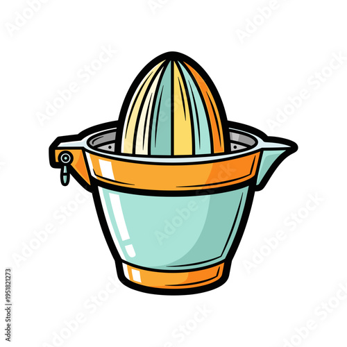 Handheld citrus juicer with playful mood illustrated as bold graphic vector in flat vibrant colors with strong hand-drawn ink outlines