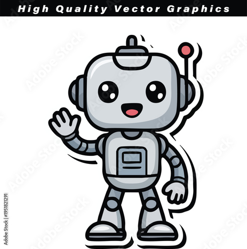 Cute cartoon robot character with large eyes and an antenna waves hello cheerfully against a clean white background, perfect for technology concepts.