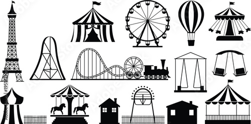 Amusement park silhouettes collection, carnival rides icons set, ferris wheel, roller coaster, circus tents, swing ride, vector black illustration