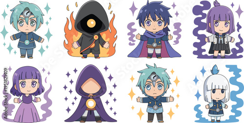 Chibi anime characters set, fantasy style, cute magic kids, wizard costumes, cartoon avatars, colorful kawaii illustration collection, game character design