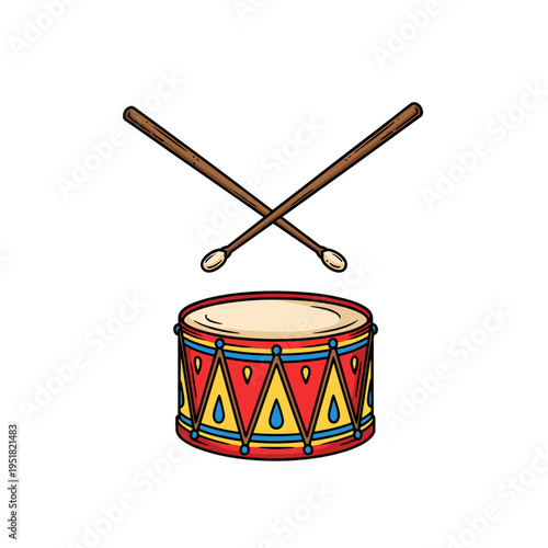 Drumsticks crossed above traditional carnival drum with festive mood illustrated as bold graphic vector