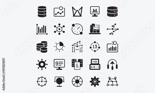Data analytics icon set. Containing database, statistics, analytics, server, monitoring, computing, network and more. Vector illustration