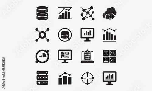 Data analytics icon set. Containing database, statistics, analytics, server, monitoring, computing, network and more. Vector illustration