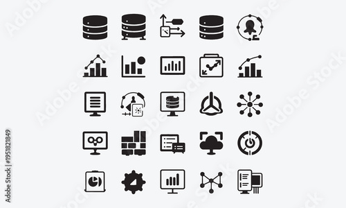 Data analytics icon set. Containing database, statistics, analytics, server, monitoring, computing, network and more. Vector illustration