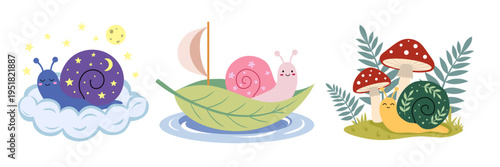 Set of illustrations of cute snails in a simple childish style in different colors. Sleeping snail on a cloud, on a leaf, among mushrooms. Isolated compositions with a whimsical and cozy mood