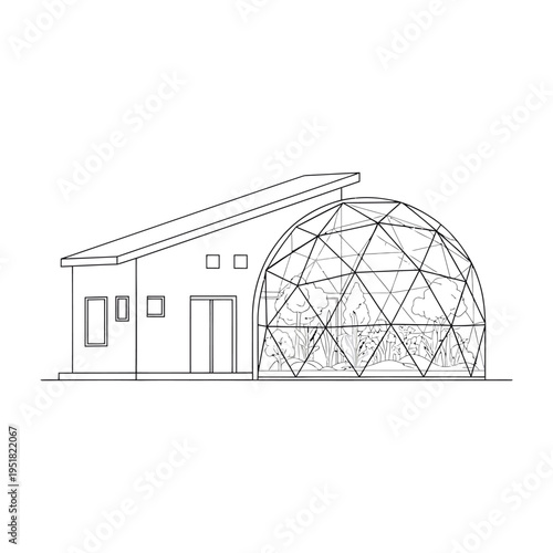 Modern eco friendly geodesic dome greenhouse attached to a sleek house with a gable roof and large windows for sustainable living