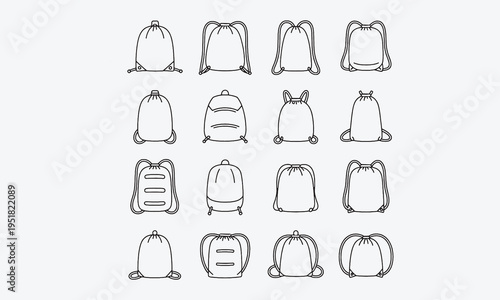 Drawstring sack icons set. Line art icons representing various gym bags and backpacks, showcasing diverse styles, shapes