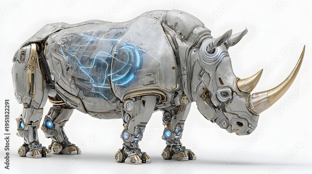 Fototapeta premium Futuristic robotic rhinoceros cyborg with advanced mechanical parts and lights.