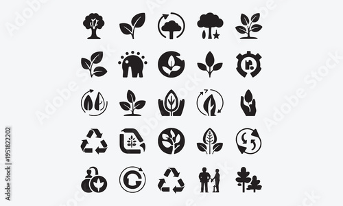 Ecology editable black fill icon set. Nature, environment, sustainability, energy, recycling and more. Vector illustration