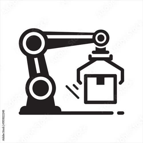 Industrial Robotic Arm Icon Vector Illustration for Automation, Manufacturing, and Logistics - Black and White Modern Technology Symbol
