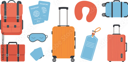 Travel essentials illustration set, flat design, luggage, backpack, passport, neck pillow, suitcase, travel tags, tourism accessories collection vector