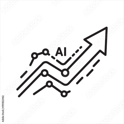 Black line art vector icon depicting an upward trending arrow with circuit board elements and the text 