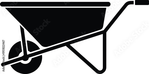 Wheelbarrow icon silhouette, construction tool symbol, gardening equipment, minimalist black design, transport cart illustration, simple vector isolated on white