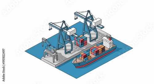 Isometric illustration of a busy shipping port with container cranes loading cargo onto a large container ship docked at the pier.