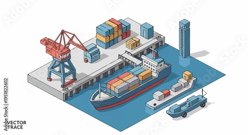 Isometric illustration of a busy shipping port with cargo ships, cranes, and stacked containers on a pier.