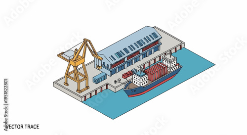 Isometric illustration of a cargo ship being loaded at a modern port with cranes and warehouses.