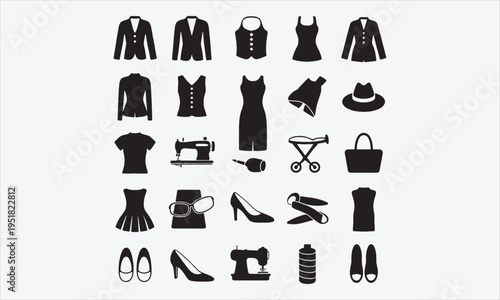 fashion icon set. Containing clothes, accessories, dress, sewing, fabric, shoes and beauty icons. vector illustration