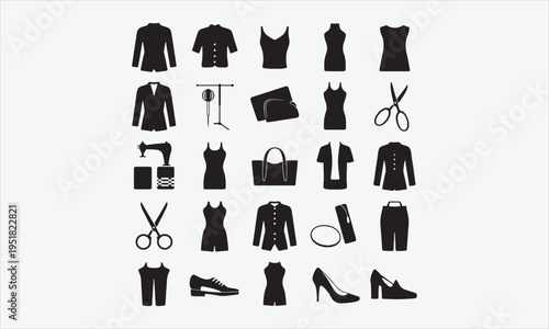 fashion icon set. Containing clothes, accessories, dress, sewing, fabric, shoes and beauty icons. vector illustration