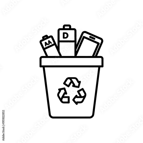 Electronic waste in recycling bin with battery charger and mobile phone