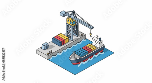 Isometric illustration of a cargo ship being loaded with containers at a port by a crane.