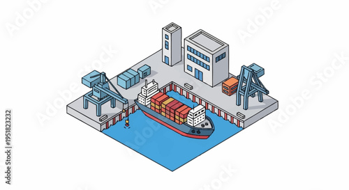 Isometric illustration of a busy shipping port with a cargo ship being loaded by cranes and surrounded by containers and industrial buildings.